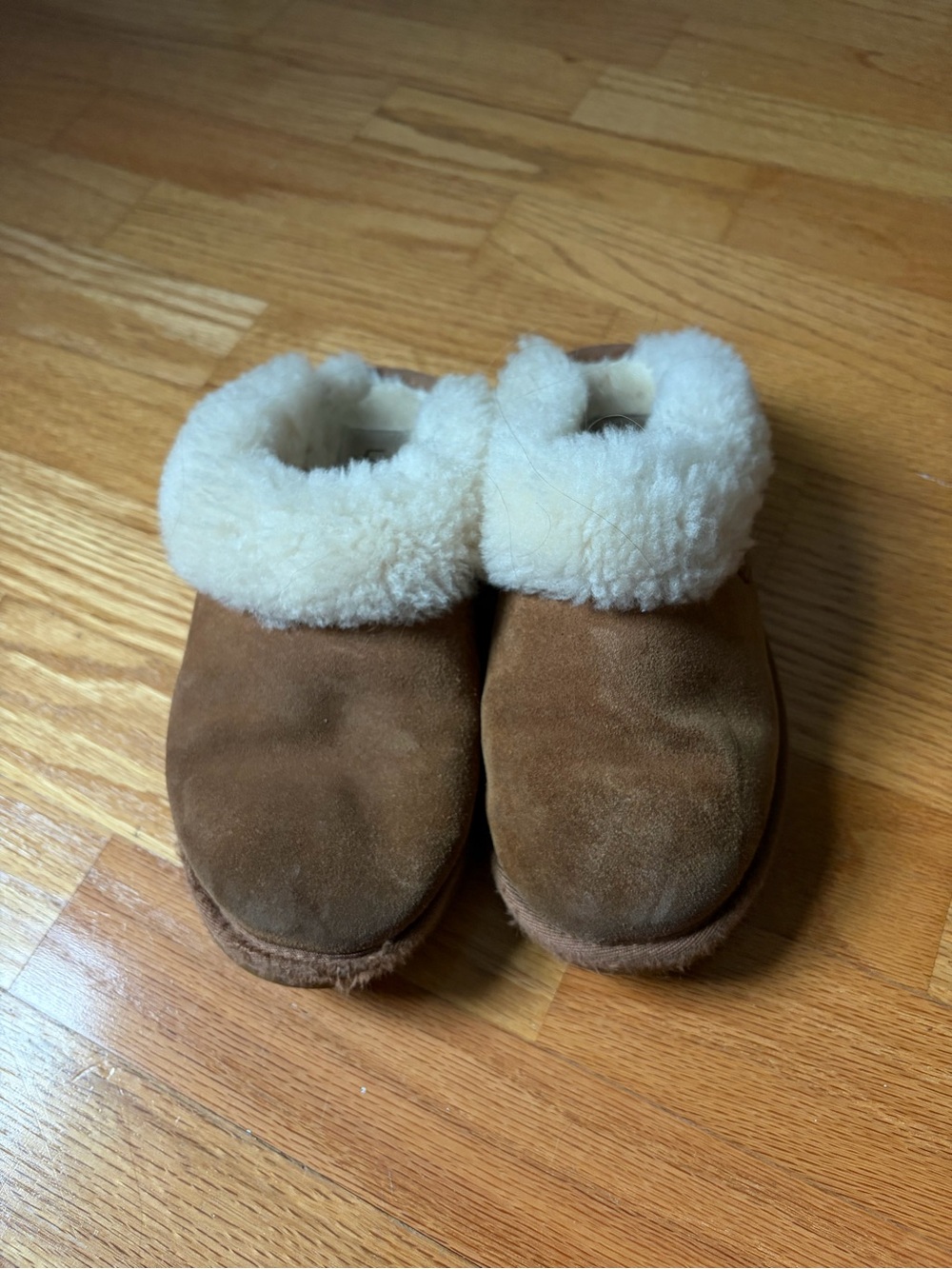 UGG Chestnut Suede Slippers with Cream Shearling Cuff